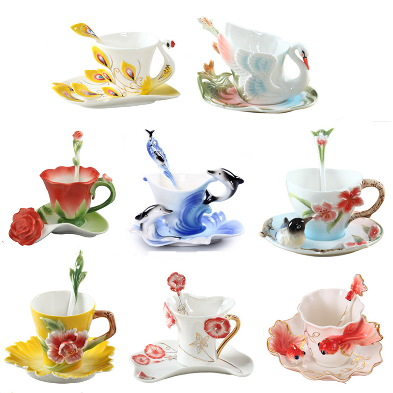 Enamel Coffee Porcelain Peacock Cup With Spoon Dish Creative Drinkware