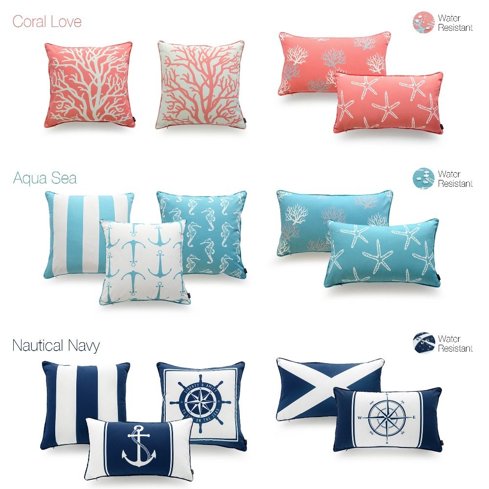 Hofdeco Outdoor Water Resistant Beach Nautical Navy Blue Aqua Turquoise Coral Pink Pillow Case