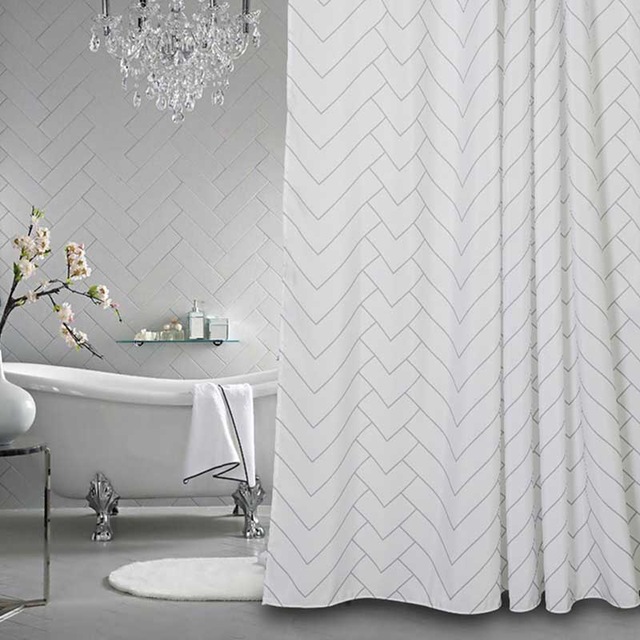 Aimjerry White and Black Geometric Mildewproof Bathtub Curtain